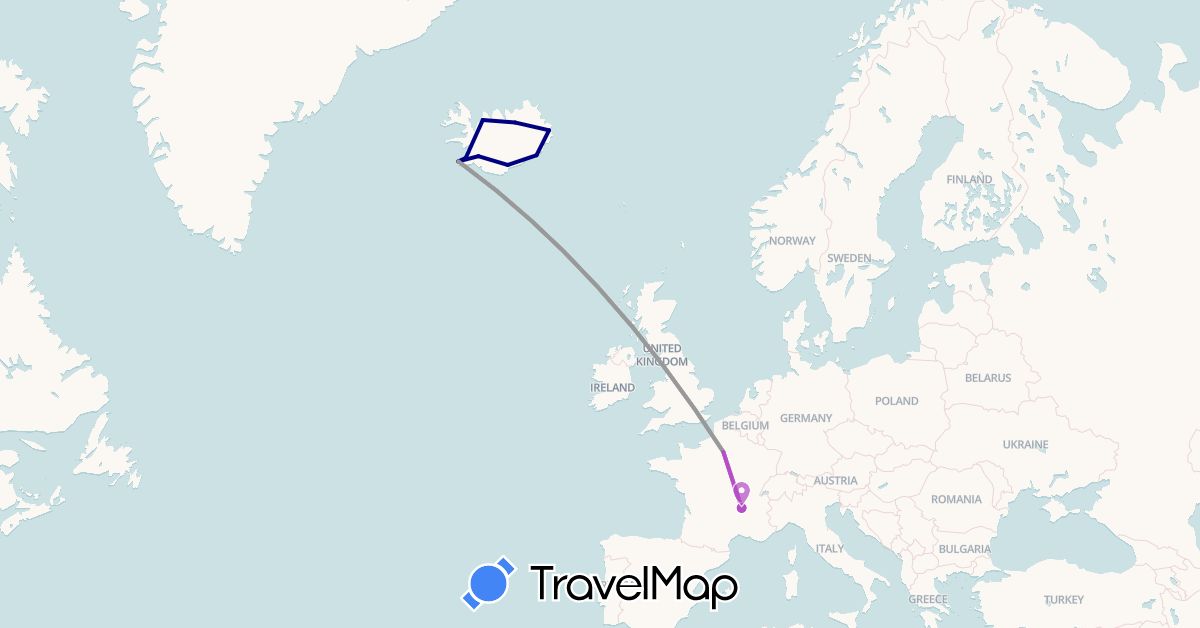 TravelMap itinerary: driving, plane, train in France, Iceland (Europe)